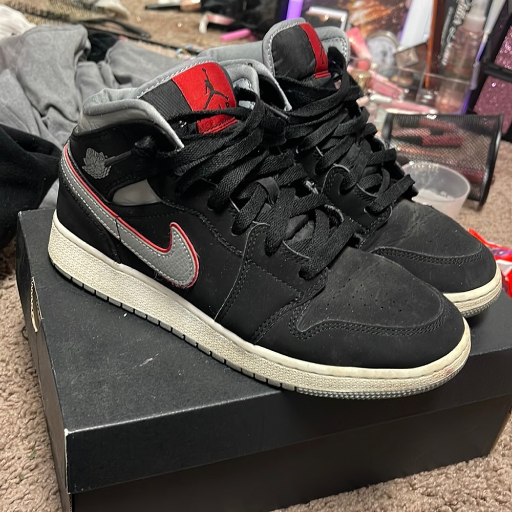 Nike Air Jordan 1 Mid PS Youth Shoes Black Grey Red